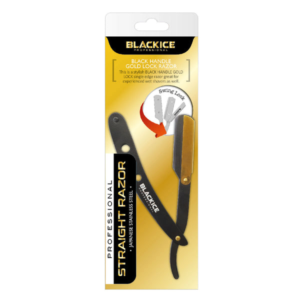 Black Ice Professional Straight Razor - Black handle Gold Lock